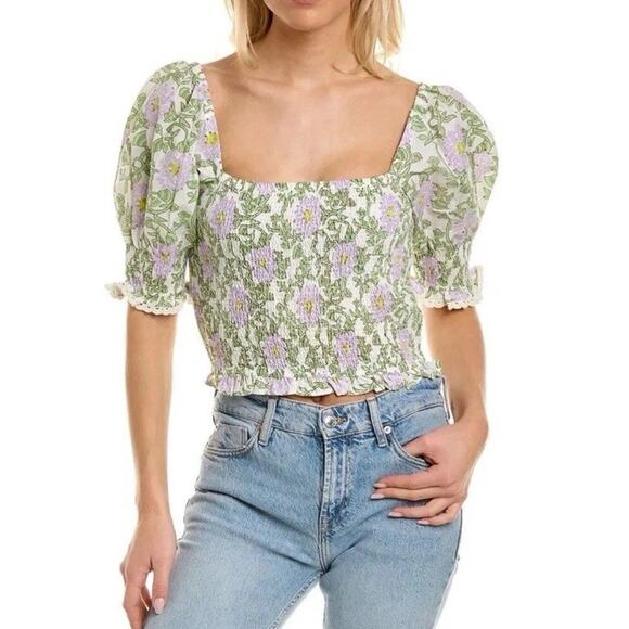 Roller Rabbit XS Daphne Renata Top Silk Blend Smocked Puff Sleeve Floral - Picture 1 of 3